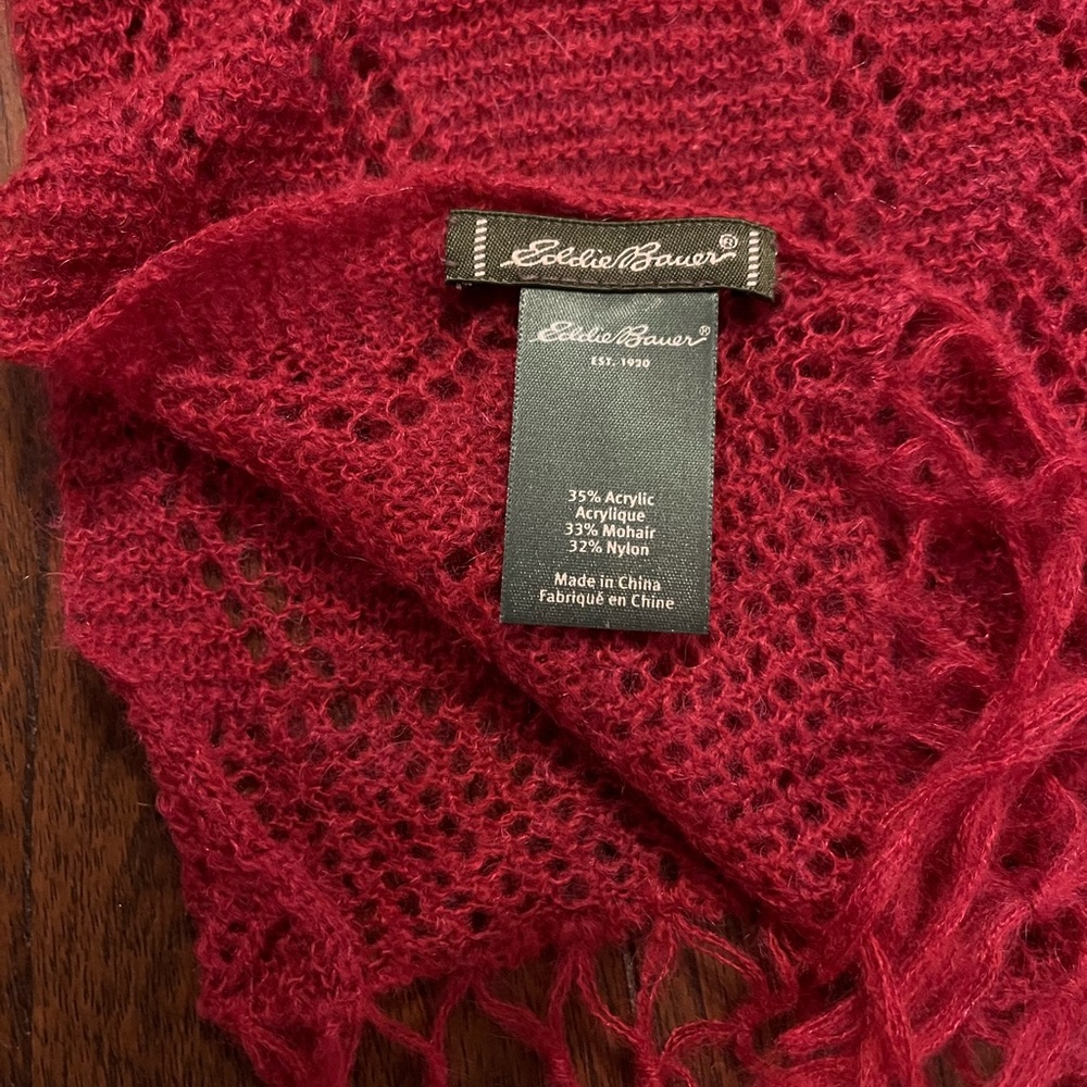 Eddie Bauer Women's Scarf Mohair Blend Red Burgundy Fairy Lace Shawl 20 x 80 In
